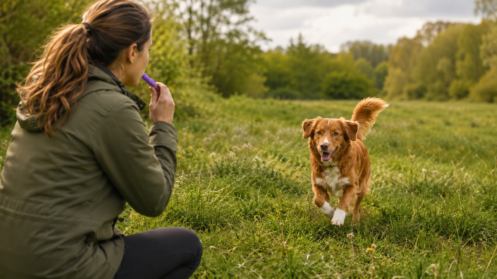 Nova Scotia Duck Tolling Retriever kommt beim R�ckruftraining mit Hundepfeife zur�ck